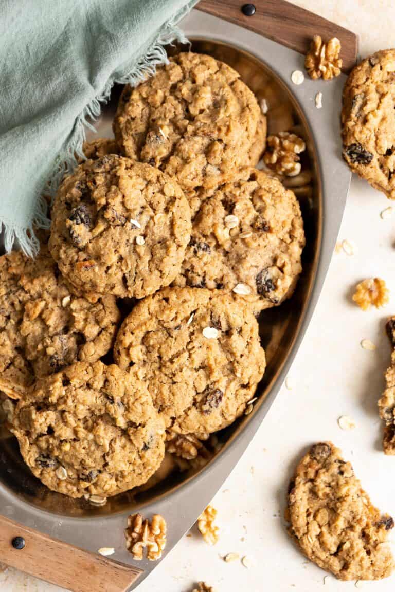 A tray of oatmeal raisin cookies made with sourdough discard.