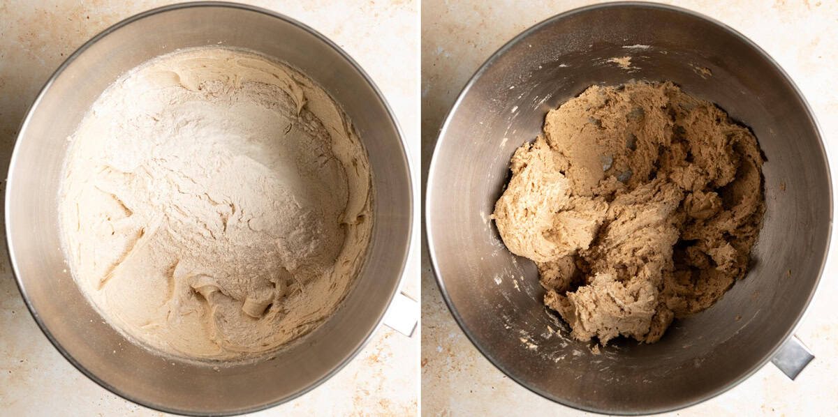 Flour mixture added to creamed wet ingredients. Snickerdoodle cookie dough is formed.