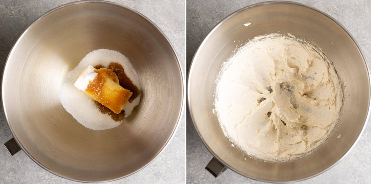 Butter, sugar, vanilla in a metal bowl, creamed together.