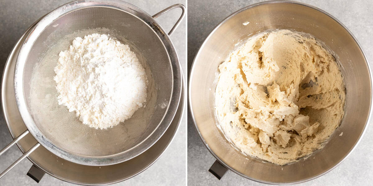 Sift dry ingredients into the mixing bowl and form the dough.