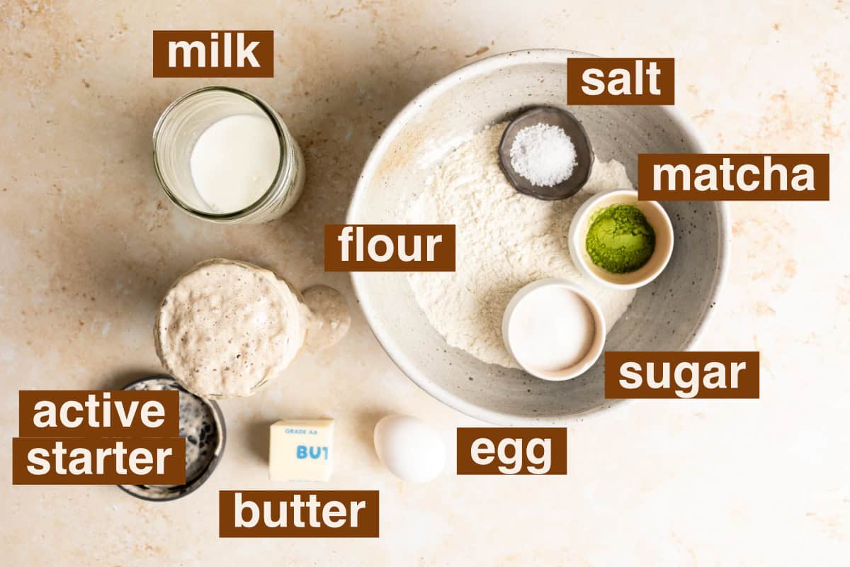 Ingredients for matcha sourdough milk bread.