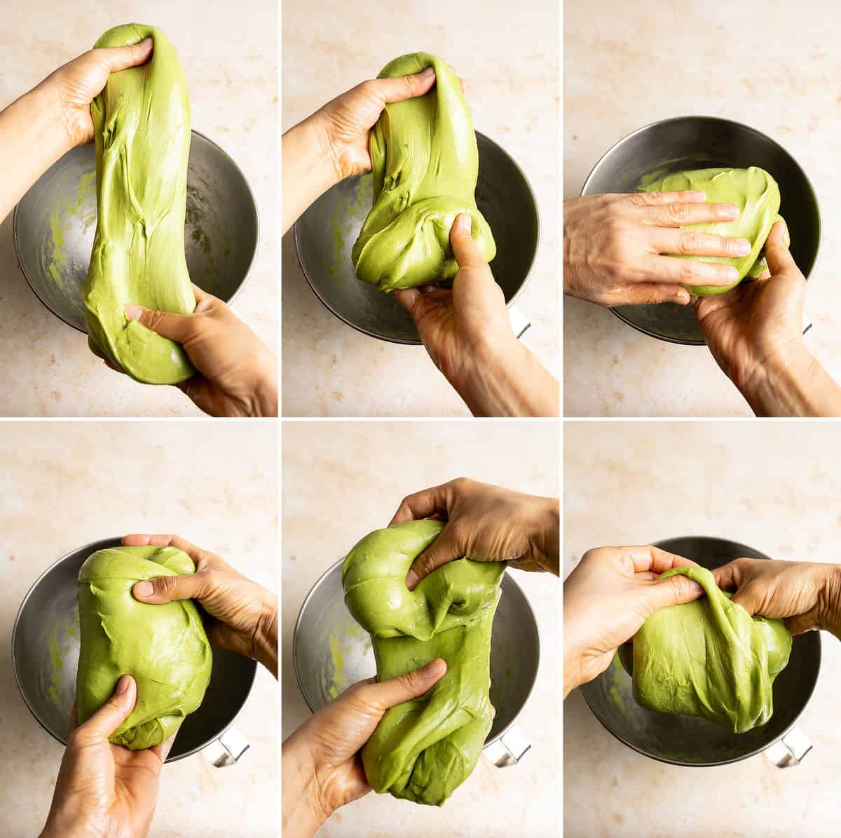 Collage of 6 photos showing how to stretch and fold matcha milk bread dough.