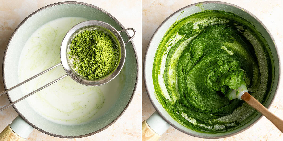 Add matcha powder and flour to milk to make matcha tangzhong.