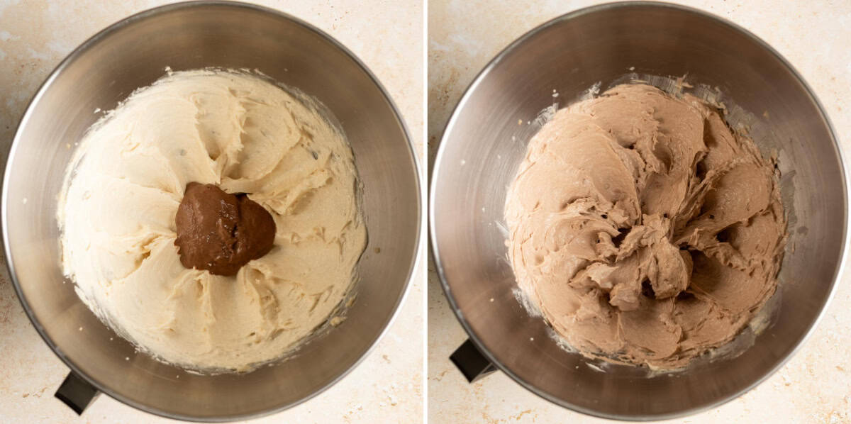 Mix chocolate starter with the creamed butter mixture.