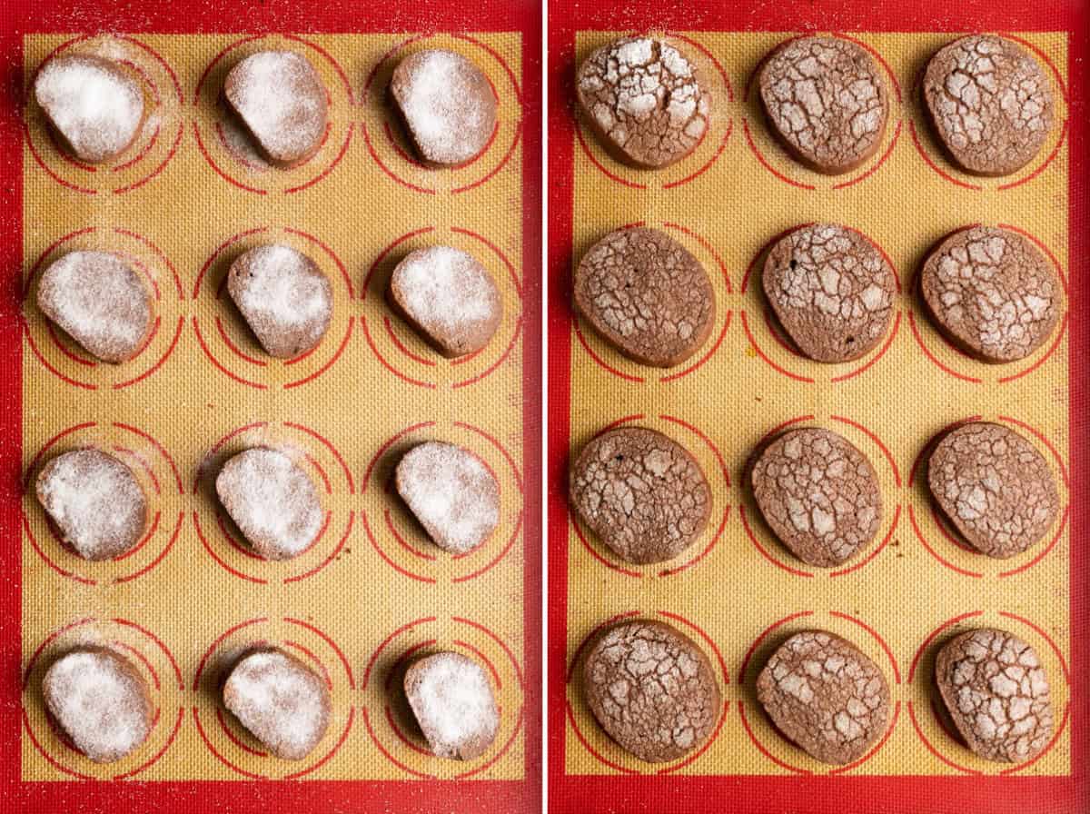 Unbaked chocolate shortbread cookies on the left, baked cookies on the right.