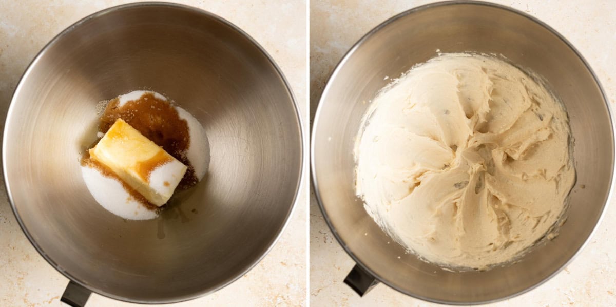 Cream butter with sugar and vanilla in a stand mixer bowl.