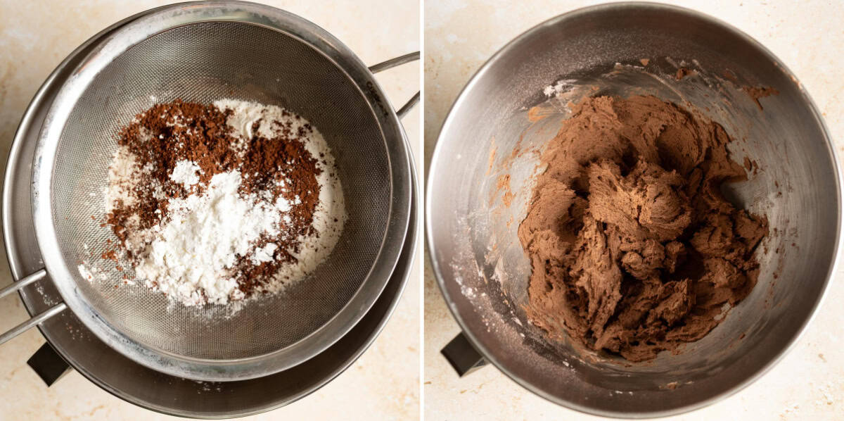 Sift flour and cocoa powder in the mixing bowl to make a sourdough chocolate shortbread dough.