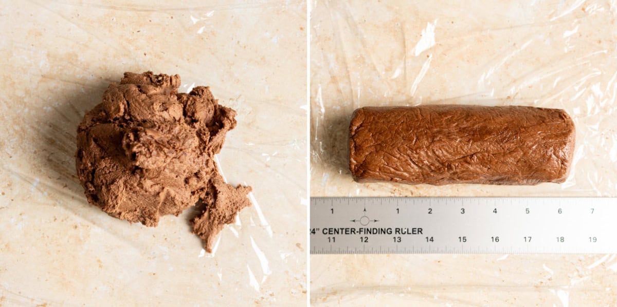 A mound of chocolate shortbread dough on the left, and a dough log on the right.