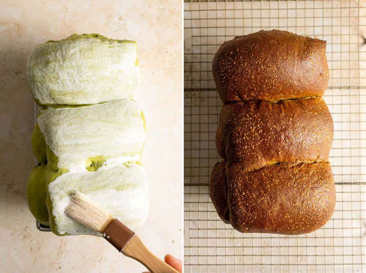 Add cream wash and bake matcha sourdough milk bread.