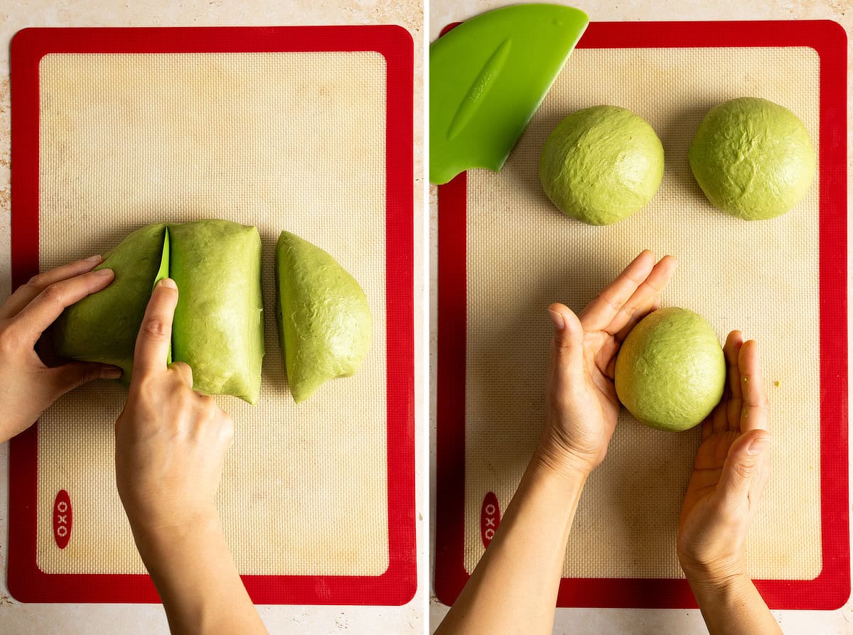 Divide the matcha bread dough and roll into 3 balls.