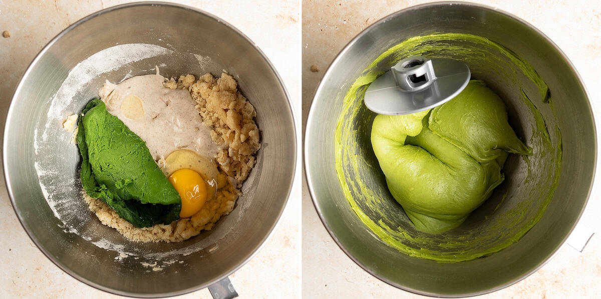 Collage showing ingredients added to the stand mixer bowl, then get kneaded into a matcha milk bread dough.