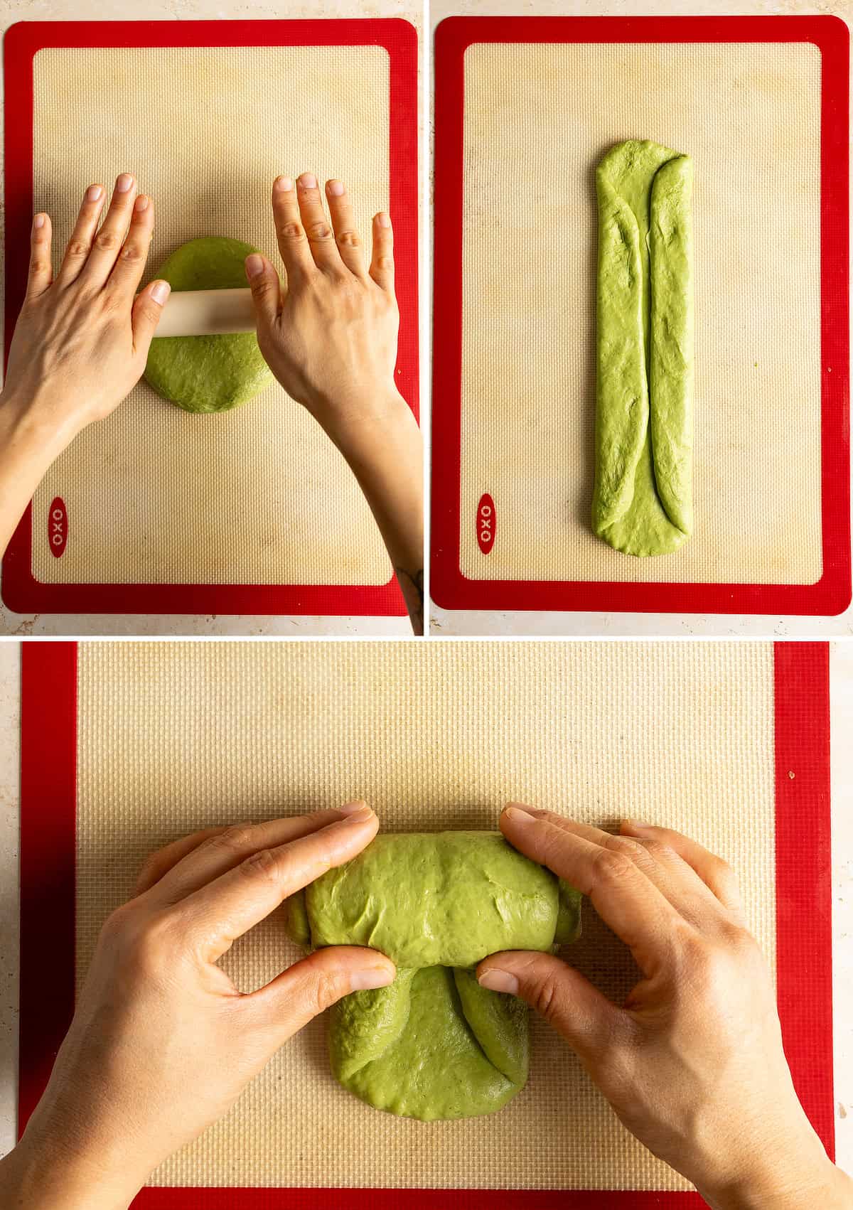 Shape matcha milk bread dough into logs.