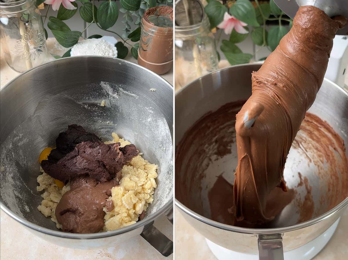 Chocolate milk bread dough is kneaded in a stand mixer.