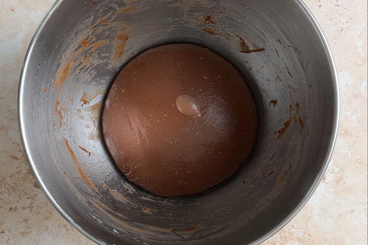 Chocolate sourdough milk bread dough in a mixing bowl.