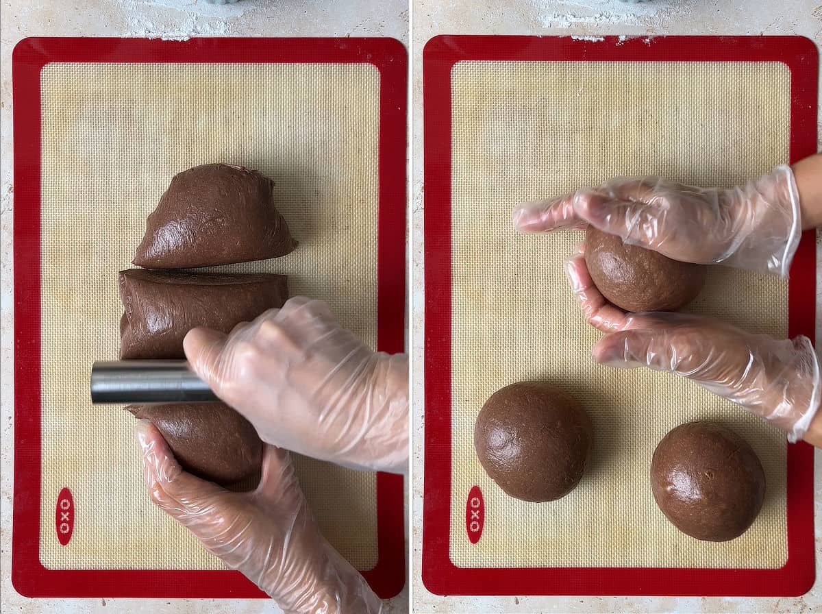 Divide chocolate sourdough milk bread dough into 3 and roll into balls.