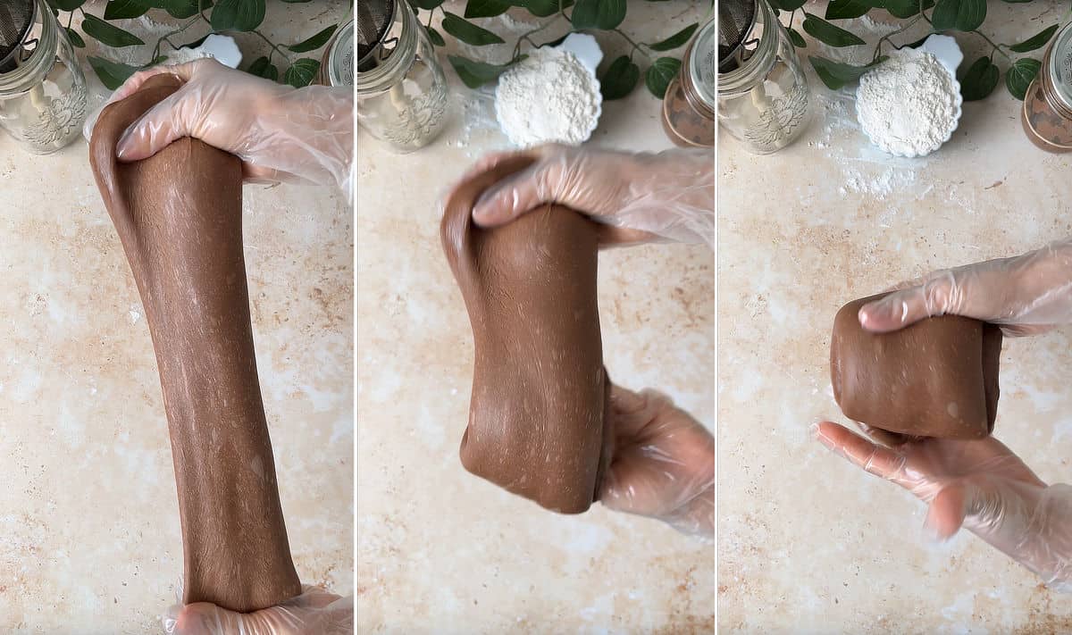 Collage of 3 photos showing stretching and folding the chocolate milk bread dough.