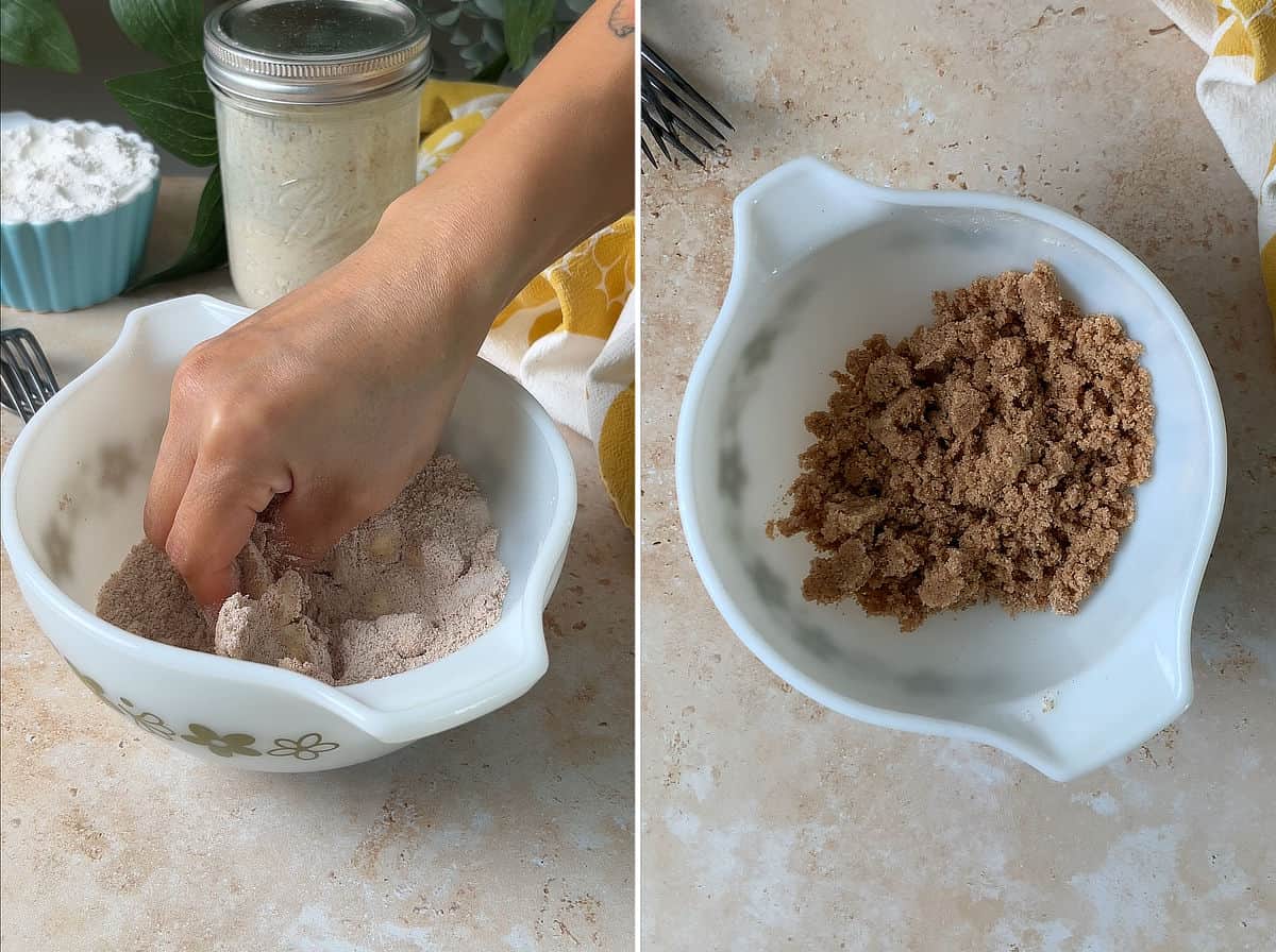 Pressing butter into a cinnamon flour mixture; streusel mixture like wet sand.