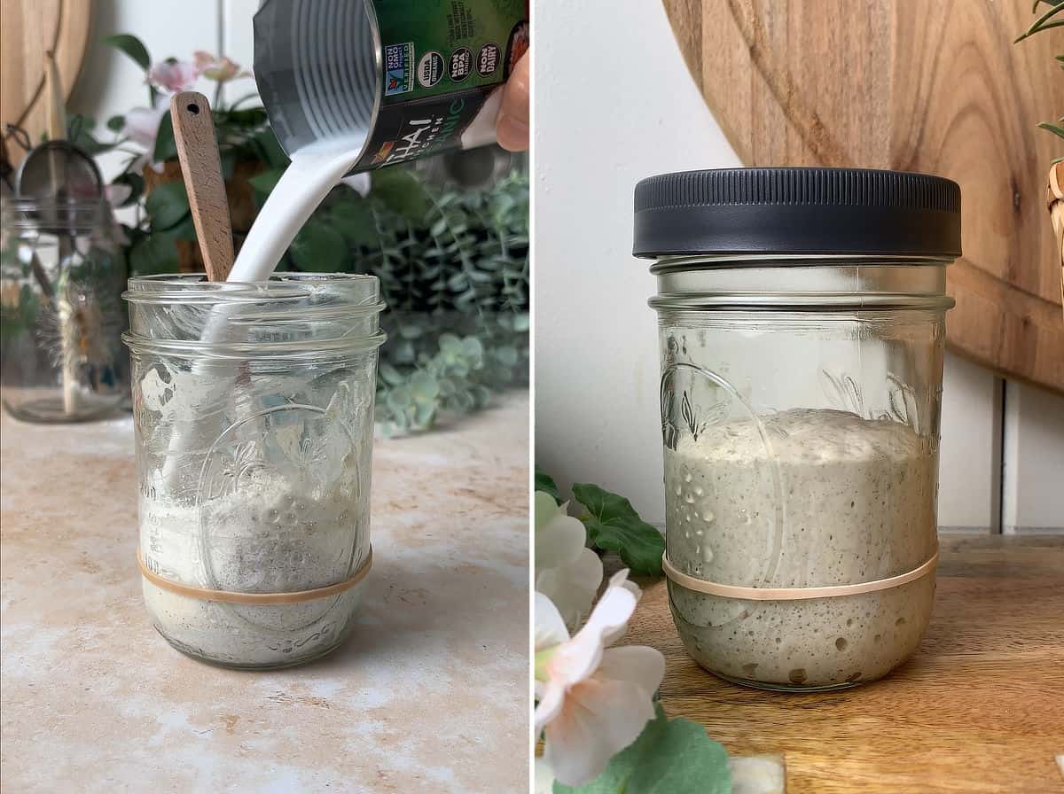 Collage of 2 photos showing coconut milk being poured into a jar with flour, coconut starter rising.