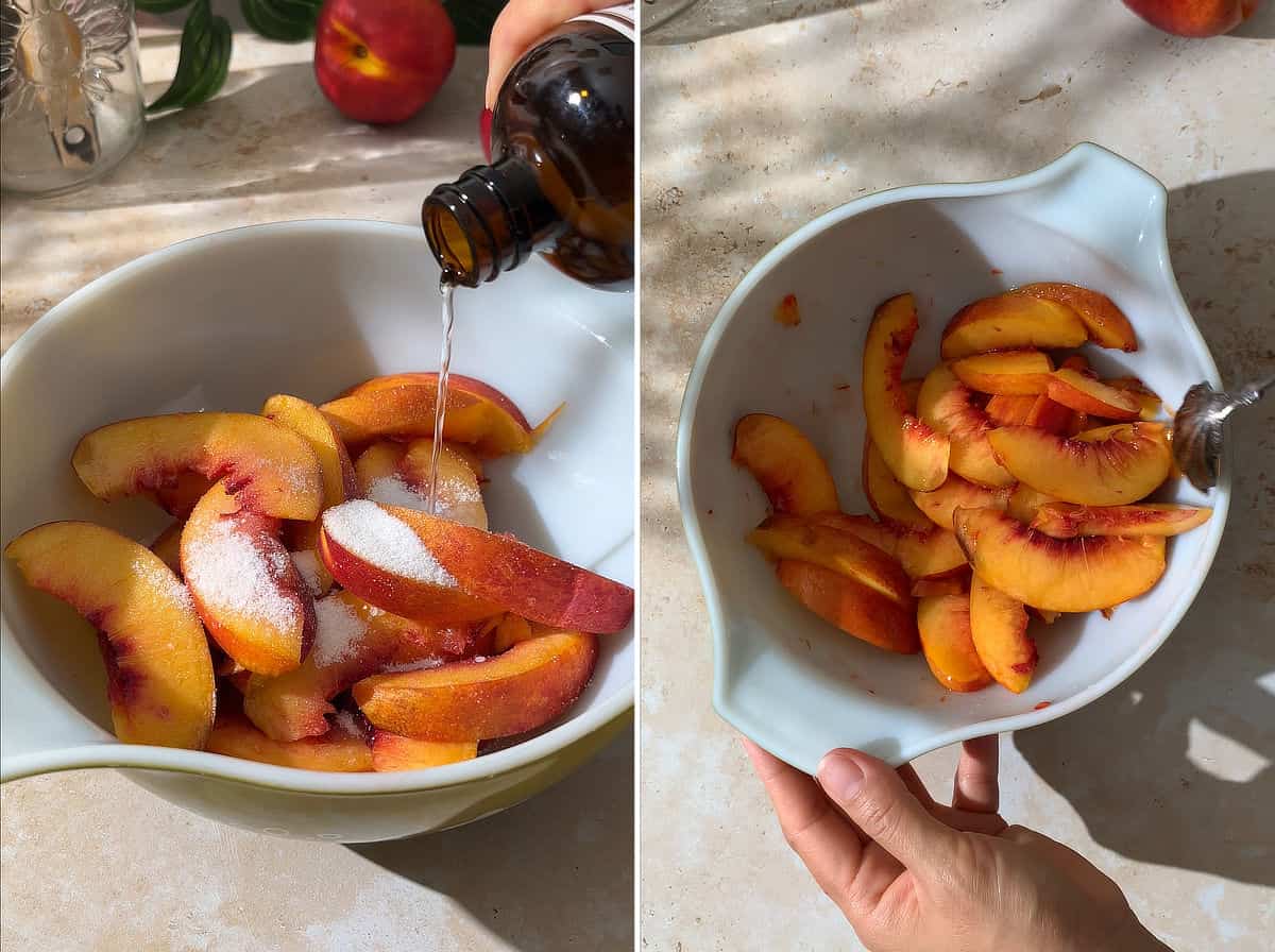 Adding sugar and almond extract to sliced peaches.