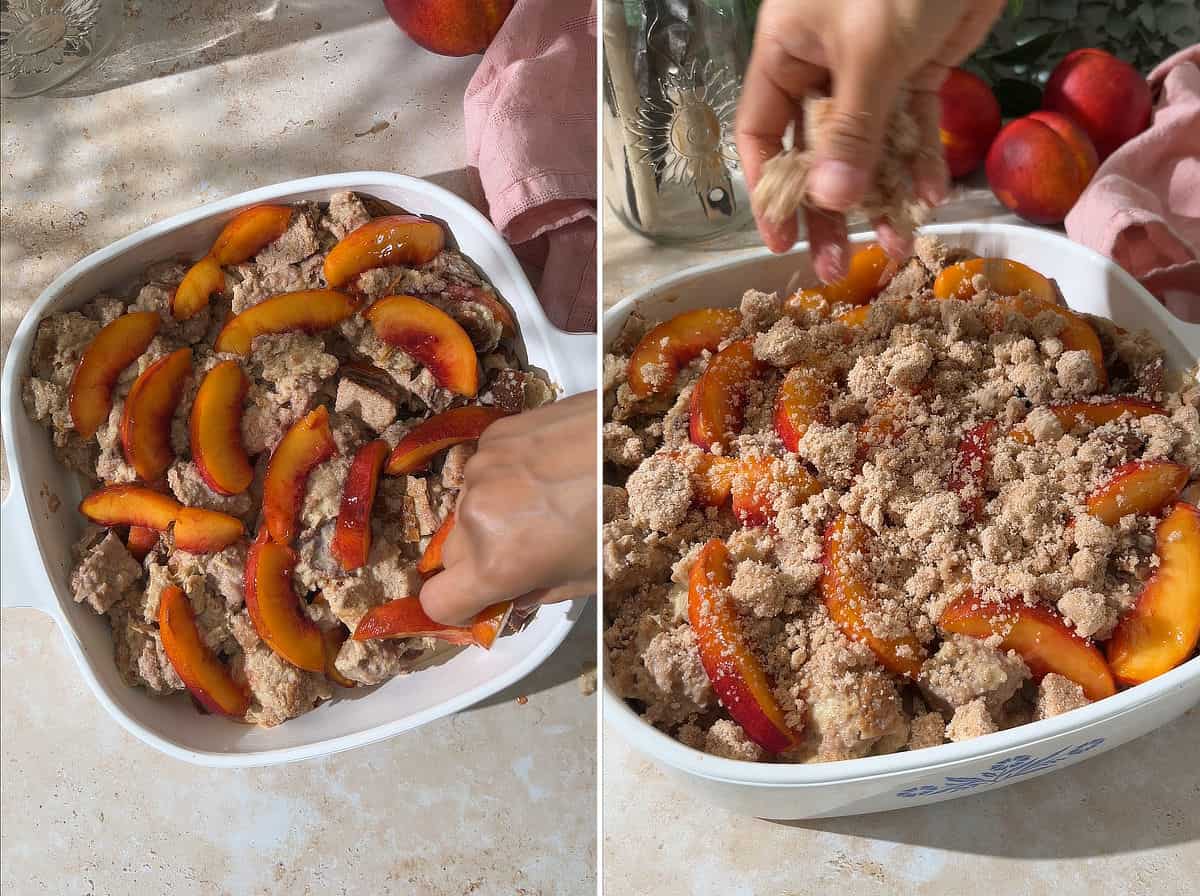 Add bread pudding and peaches to a baking pan; top with streusel.