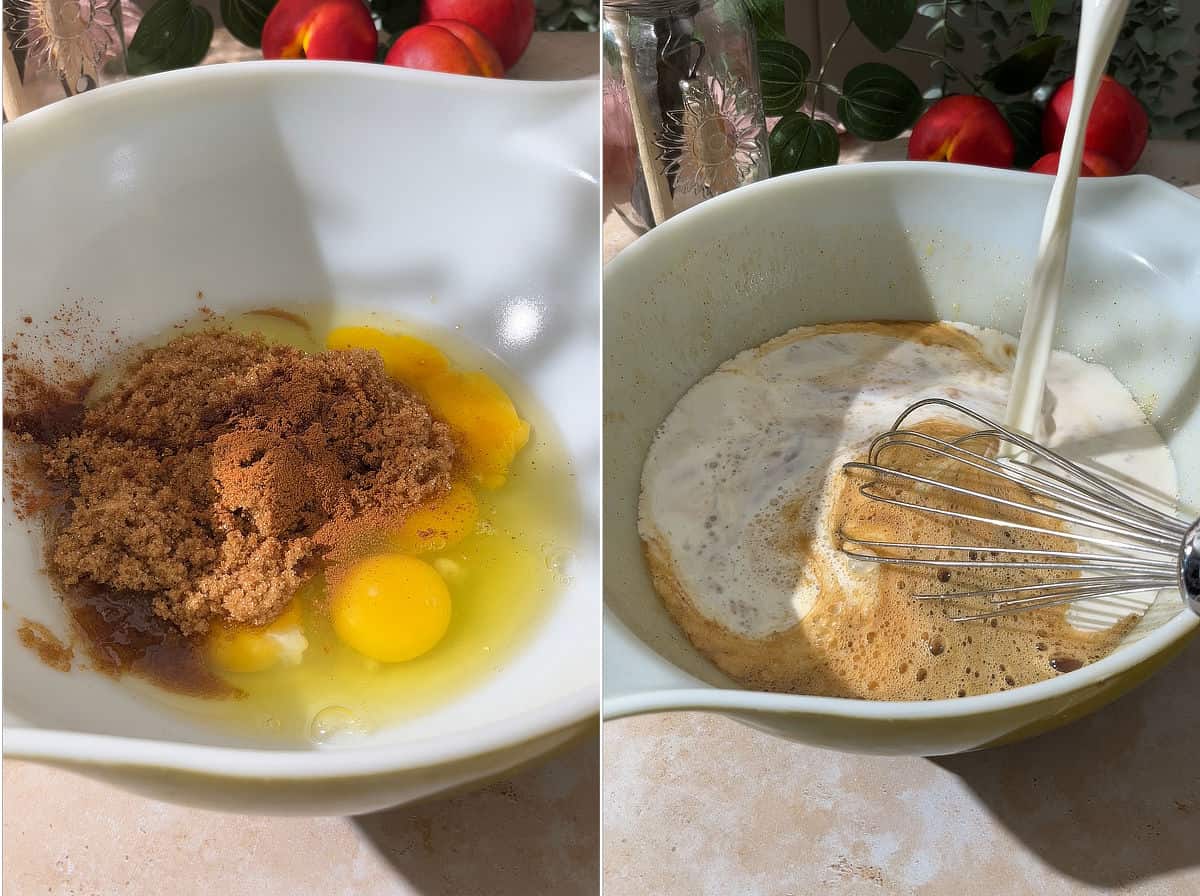 Eggs, sugar and cinnamon in a mixing bowl, half and half is poured in.
