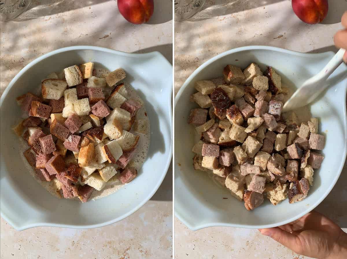 Add bread cubes to custard and mix.