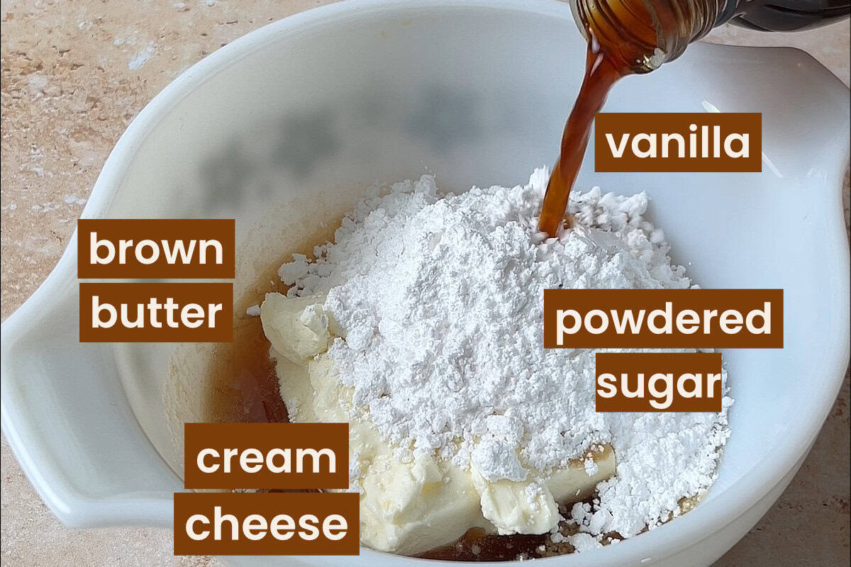Ingredients for brown butter cream cheese icing.