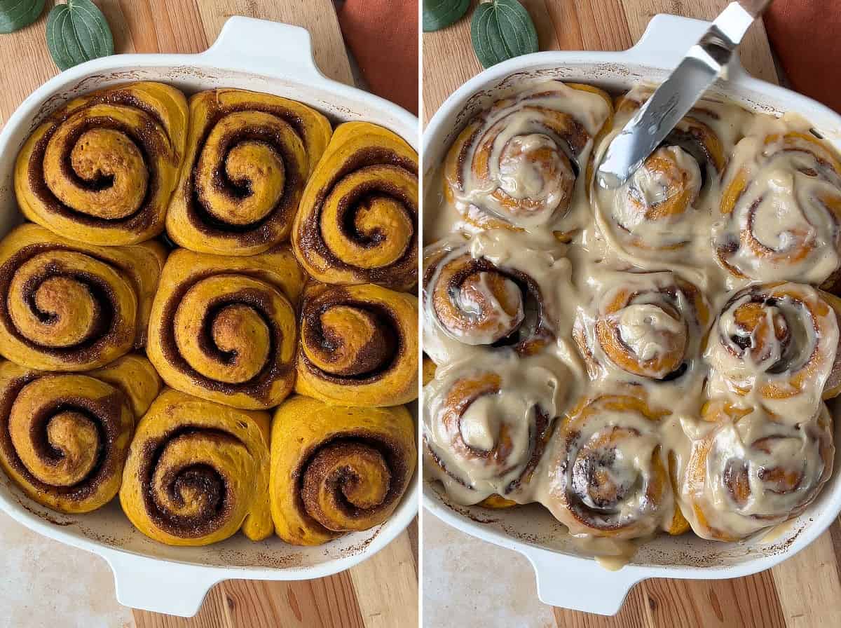 Baked pumpkin cinnamon rolls; icing is added on top.