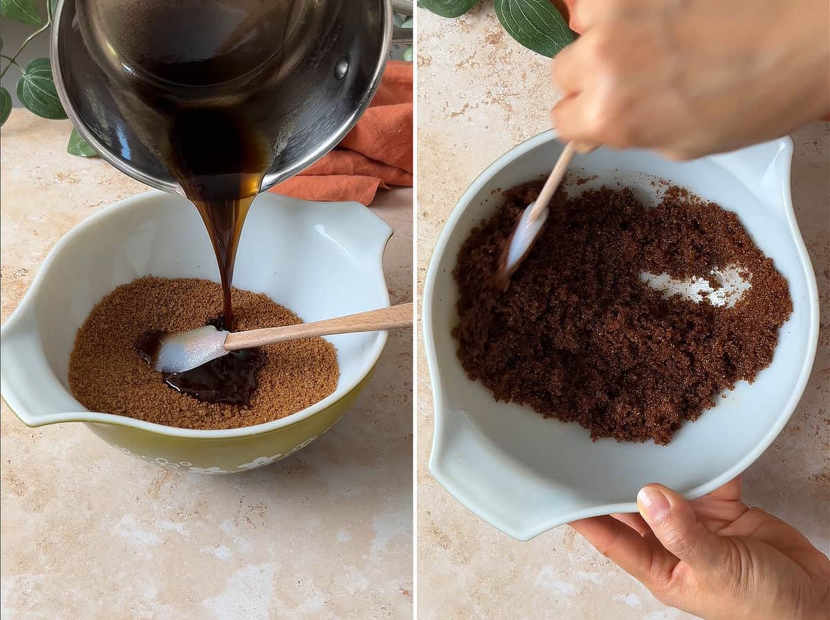 Mixing brown butter with cinnamon sugar to make the cinnamon roll filling.