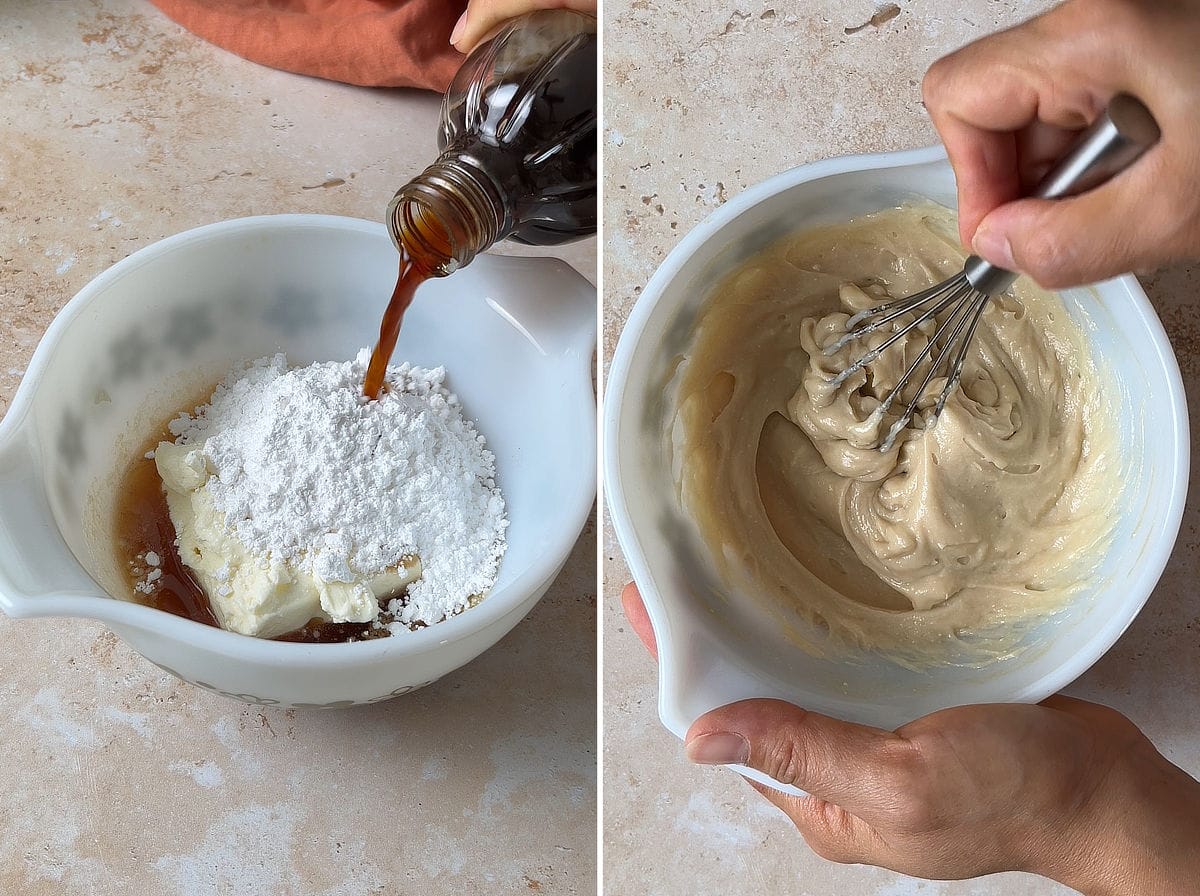 Mixing together brown butter, cream cheese, powdered sugar and vanilla to make brown butter cream cheese icing.