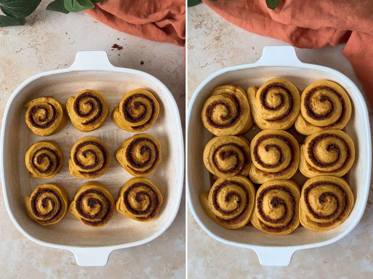 Sourdough pumpkin cinnamon rolls proofing in a square baking pan.