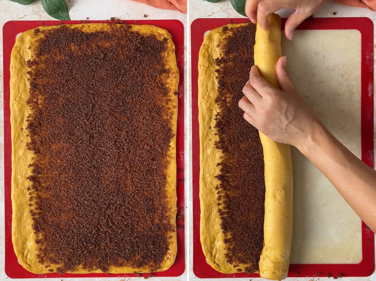 Brown sugar filling spread on top of a rectangular piece of dough; the dough is being rolled up.