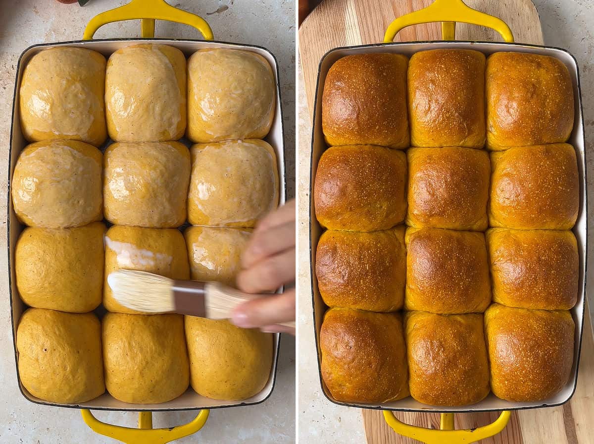 Brush pumpkin dinner rolls with milk wash. Bake until golden.