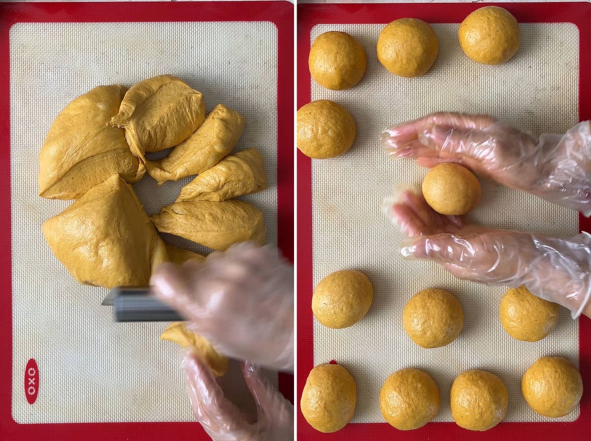 Dividing sourdough pumpkin milk bread dough into 12 balls.