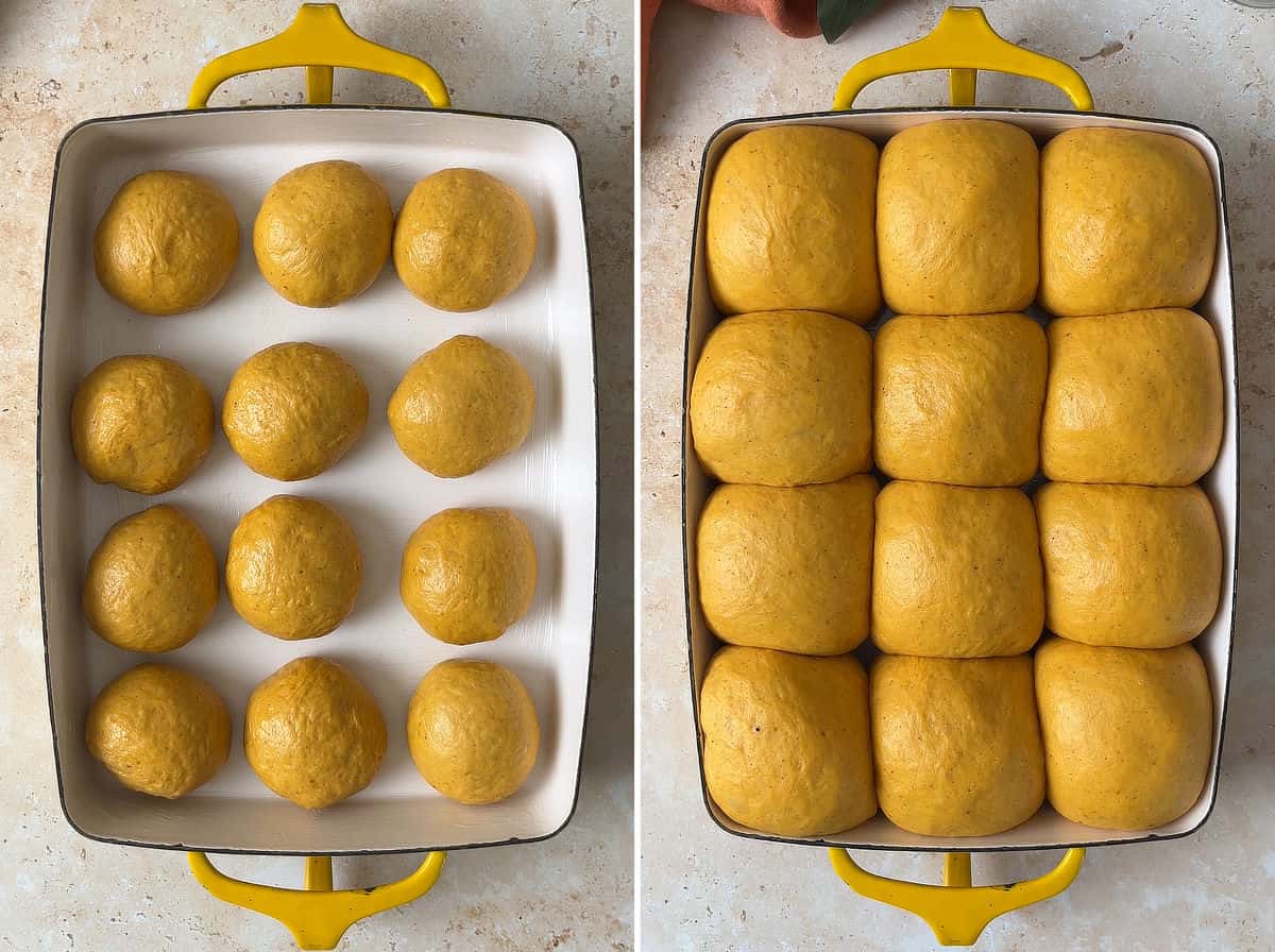 Sourdough pumpkin dinner rolls proofing in a rectangular baking pan.