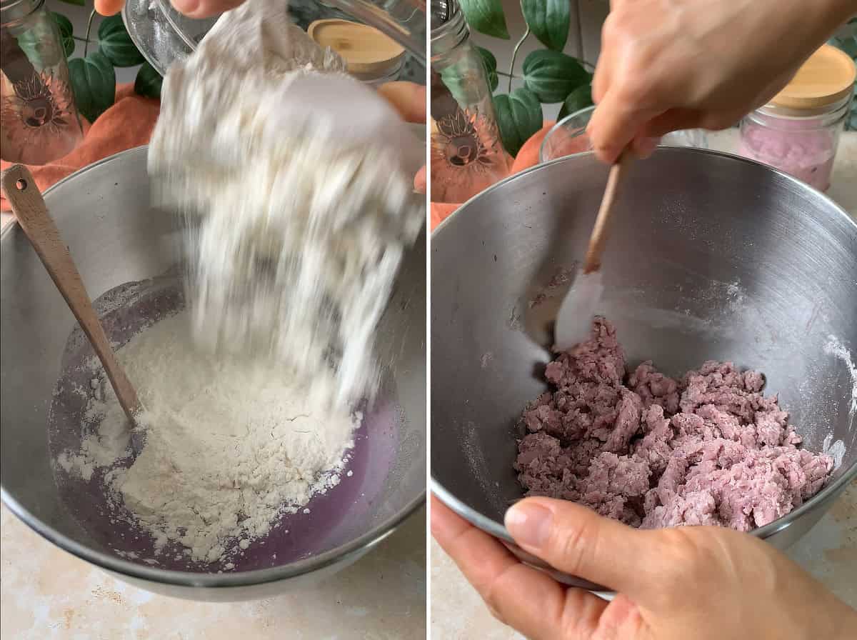 Add flour to purple sweet potato liquid mixture; mix until liquid is all absorbed.