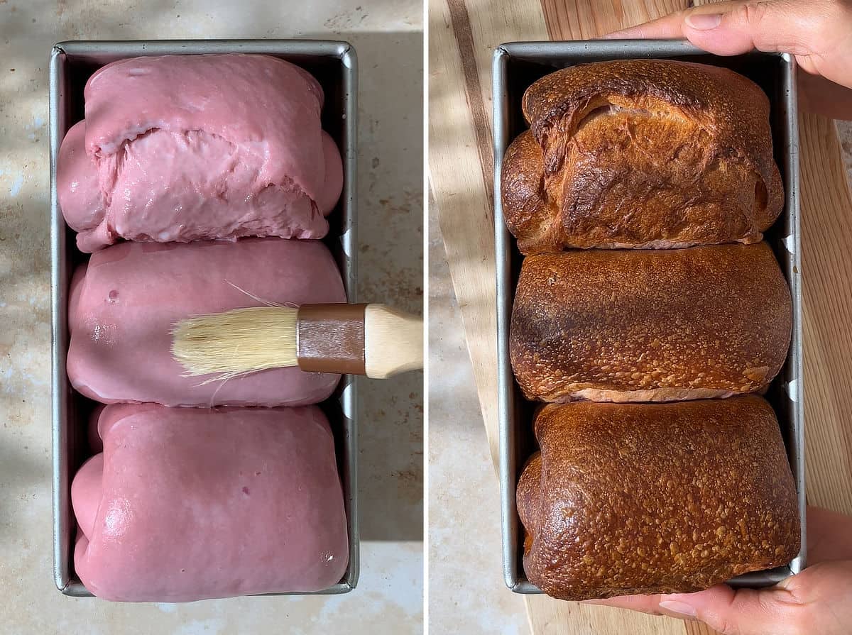 Add milk wash to sourdough purple sweet potato bread and bake.