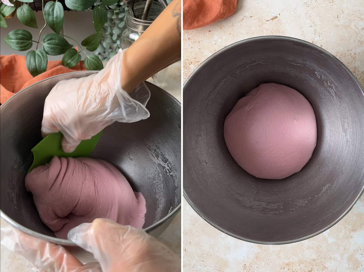 Scrape the dough with a silicon scraper; shape into a ball and place back into the mixing bowl.
