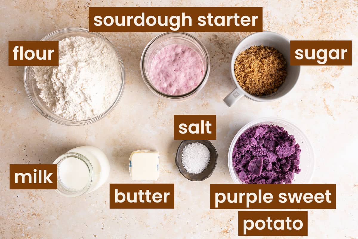 Ingredients for sourdough purple sweet potato milk bread.