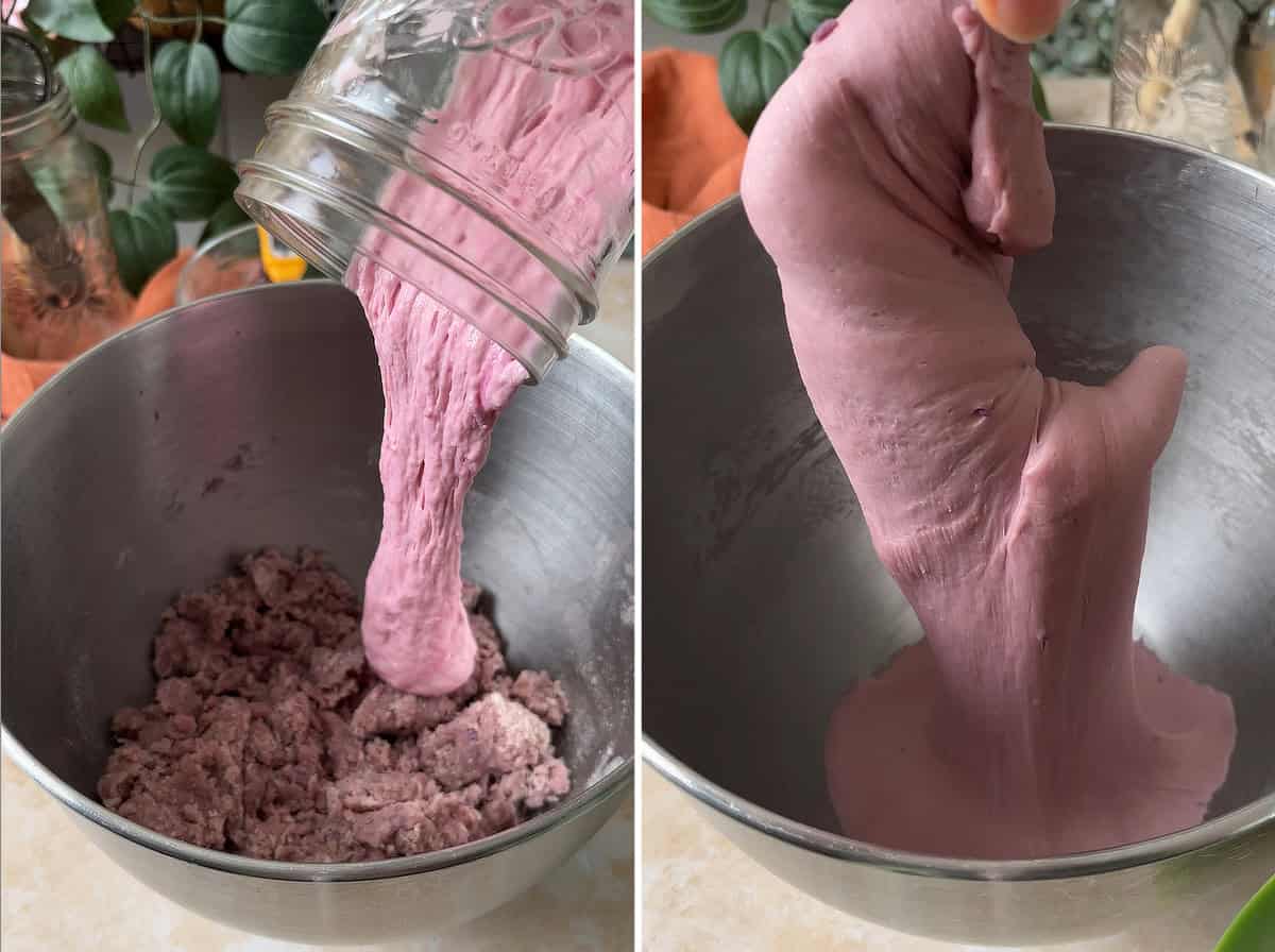 Add purple starter; knead dough with a dough hook.