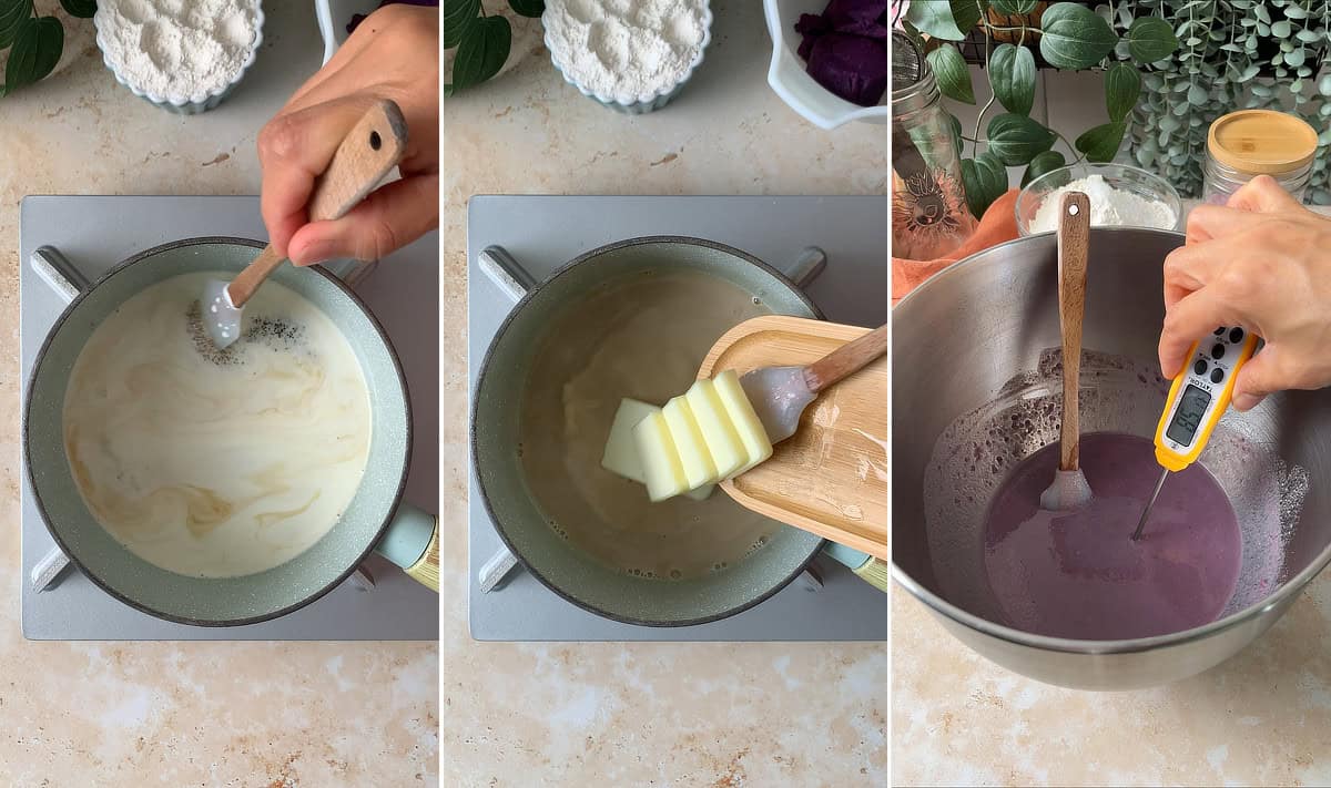 Scald milk with brown sugar; add sliced butter to hot milk mixture; mix hot milk mixture with purple sweet potato.