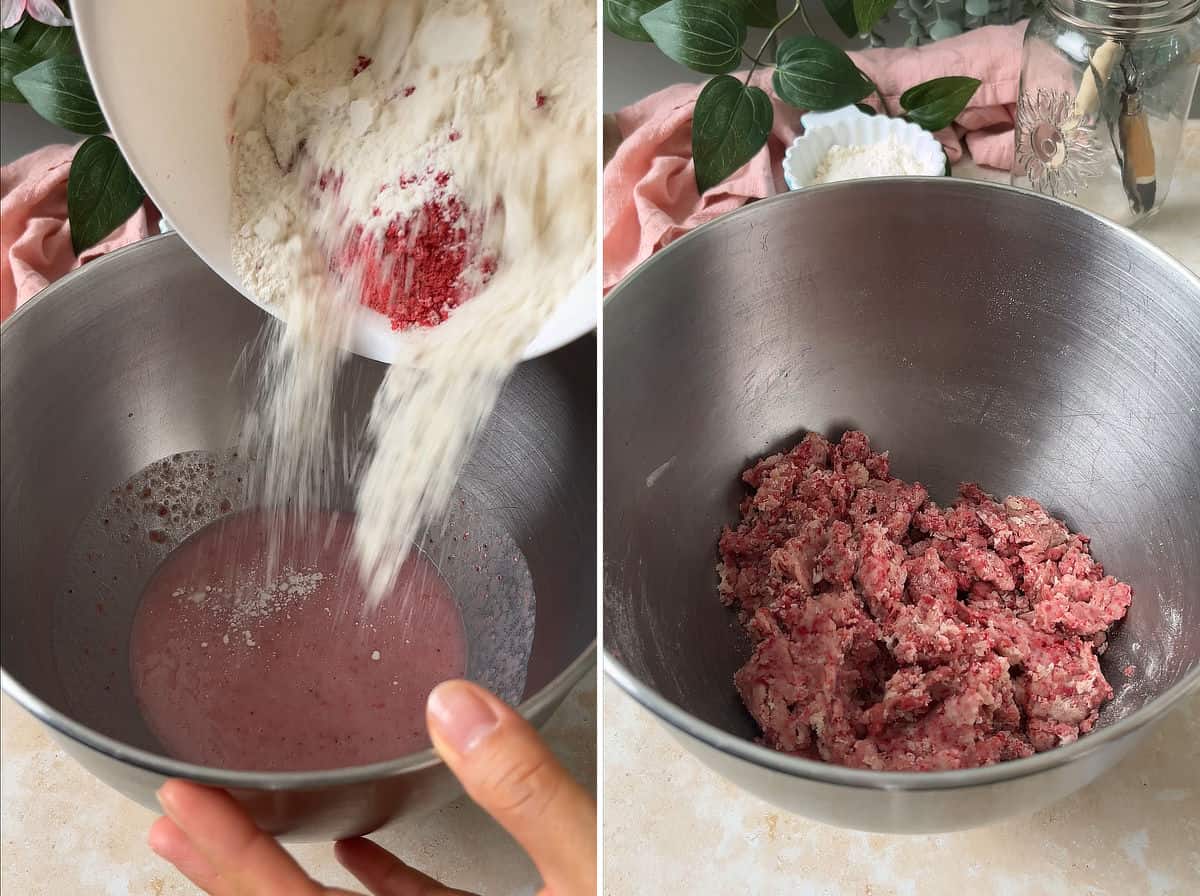 Pouring flour mixture into liquid mixture; mix into a shaggy dough for autolyse.