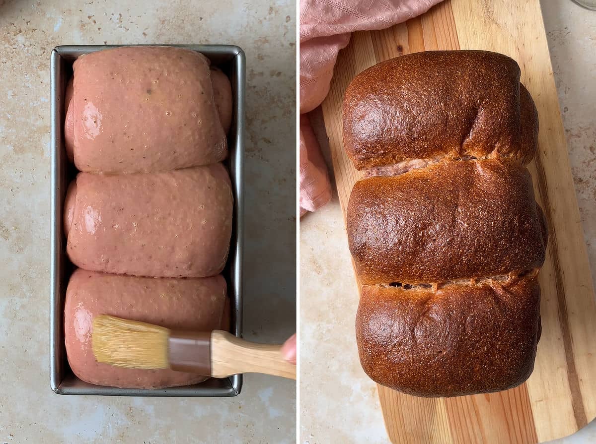 Proof strawberry milk bread dough; baked strawberry milk bread.