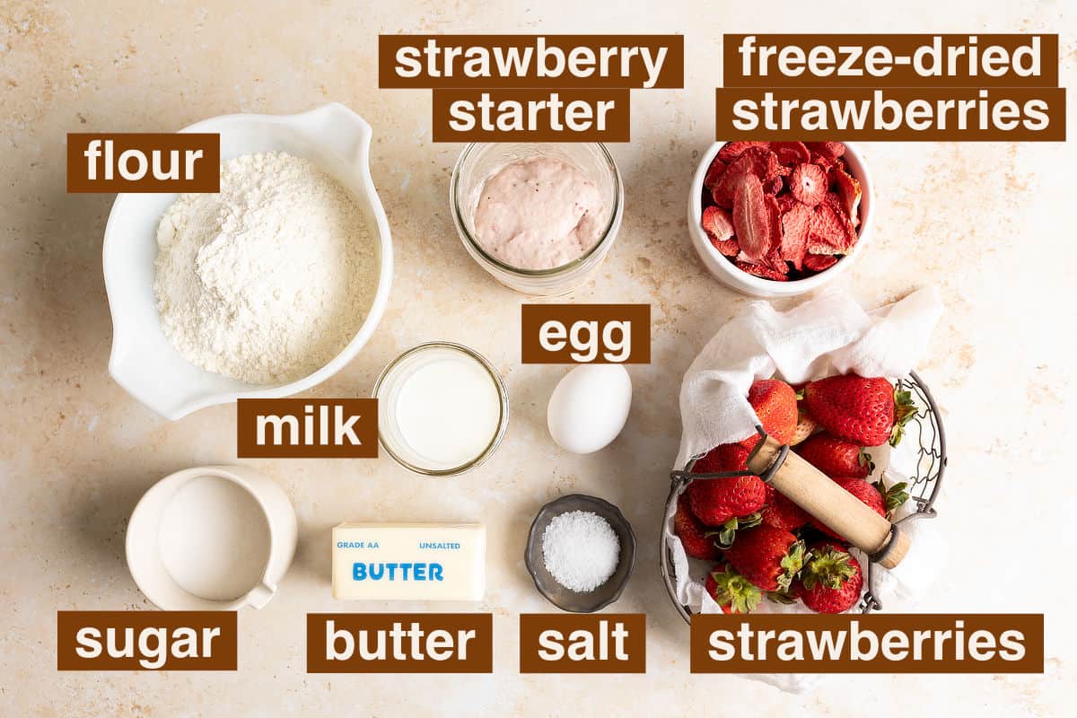 Ingredients for sourdough strawberry milk bread.