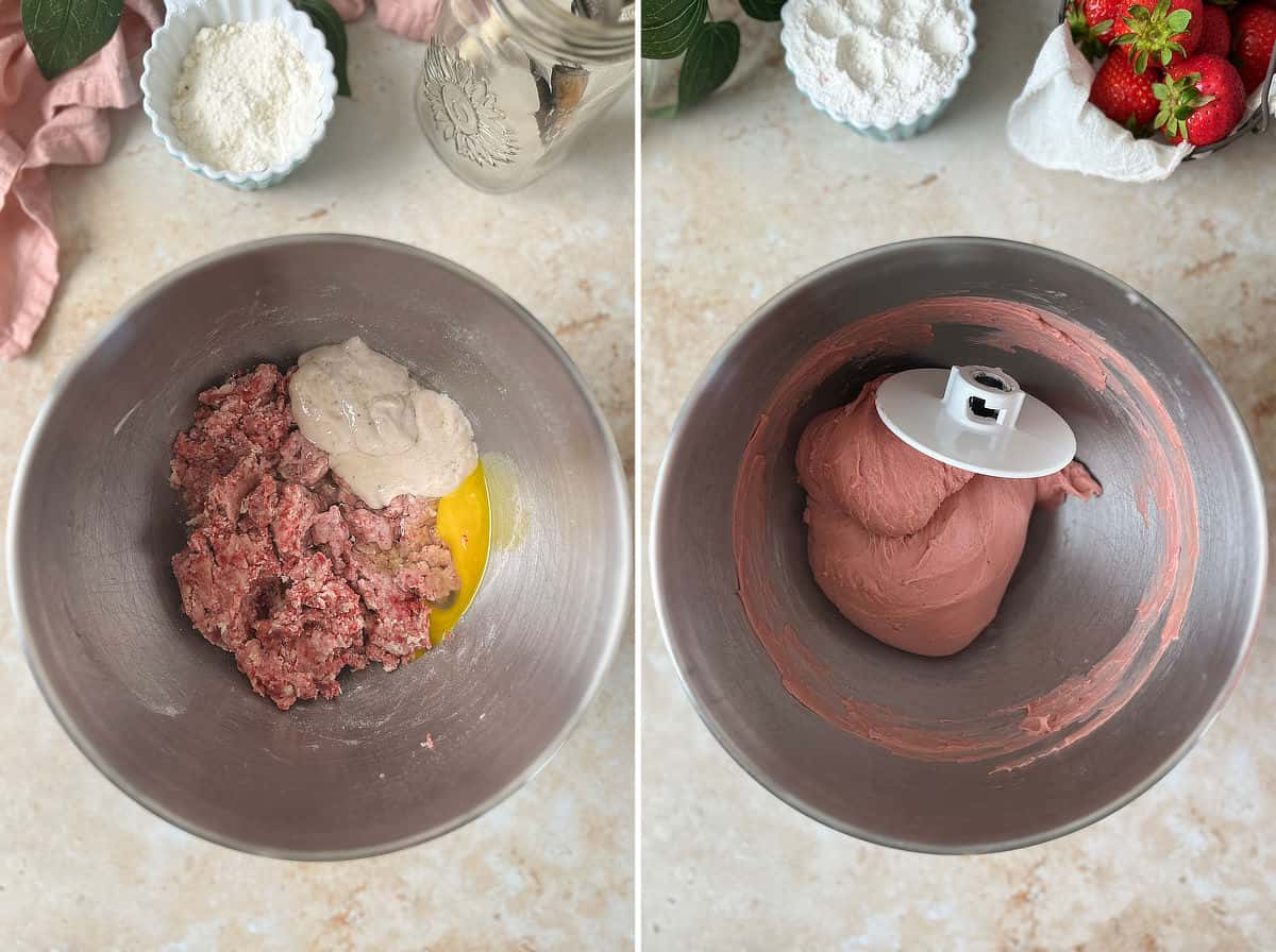 Autolysed dough with starter and egg; kneaded strawberry milk bread dough.