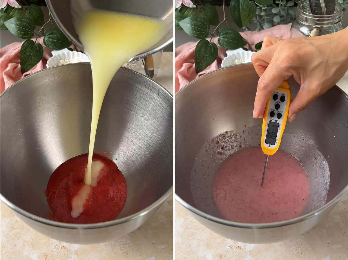 Pouring milk and butter into strawberry puree; check temperature of the mixture.