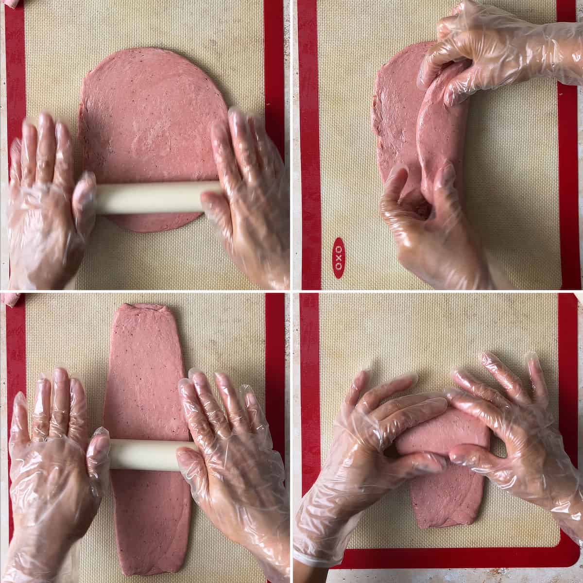 Rolling and shaping the dough into a log.