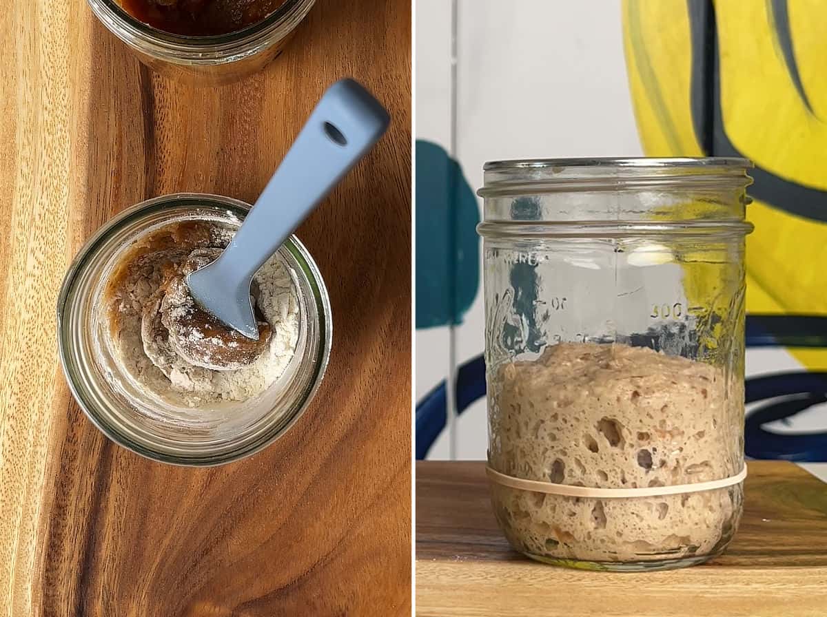 Mix apple butter with sourdough starter and flour; apple butter starter rising in a glass jar.