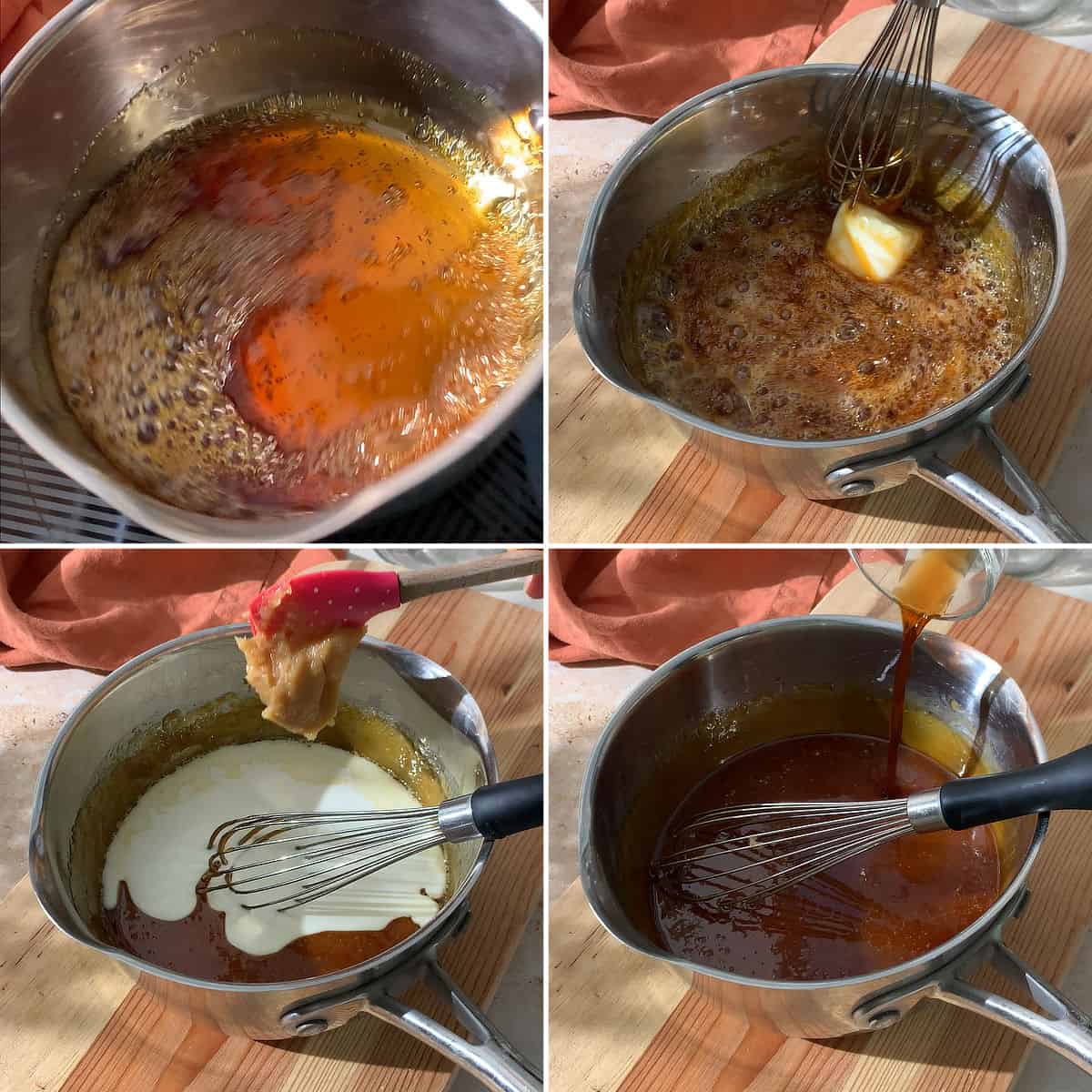 Collage of 4 photos showing the process of making miso caramel.
