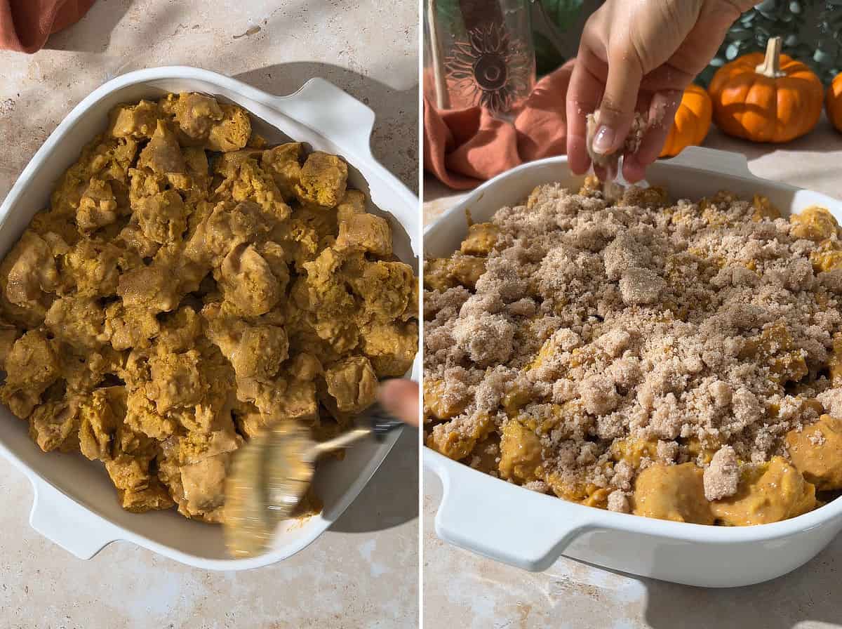 Adding pumpkin bread pudding mixture to a baking pan; adding streusel on top.